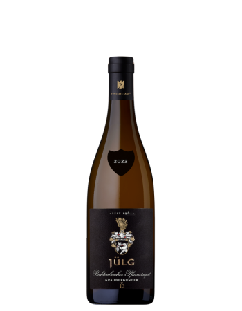 2022 Grauburgunder Weissburgunder VDP.ERSTE LAGE vom Weingut Jülg. Schwarzes Etikett und Halsschleife. Weiße Inschrift. Handlese. Schonende Verarbeitung. Ausbau im Tonneau. feiner Würze, reifer Frucht und kühler Mineralität. Kraftvoll, elegant